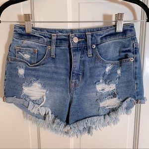 Dark destroyed high rise denim shorts